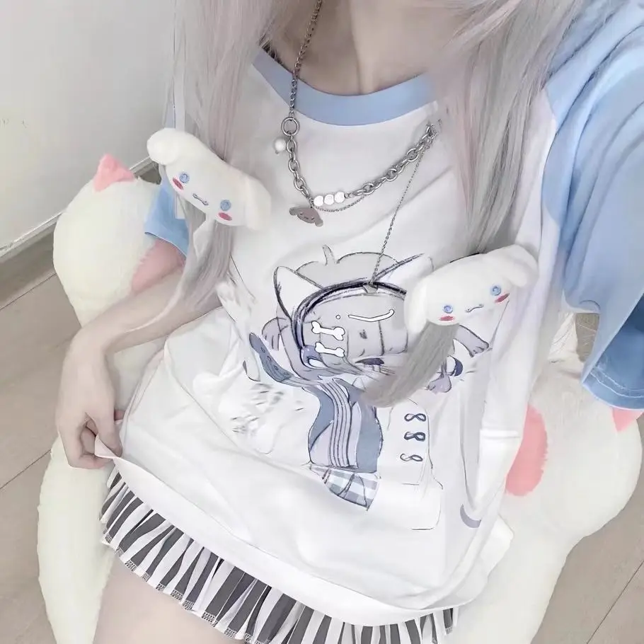 Фото Японская милая летняя новая футболка с коротким рукавом в стиле аниме Harajuku Sweet Girl, повседневные универсальные графические футболки Y2k Top №2