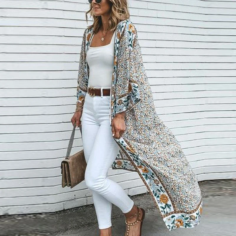 

TEELYNN Kimono Cardigan Long Women Blouse Shirt Vintage 2022 Floral Print Boho Robe Beach Cover Up Summer Cover Up Wrap Blusa