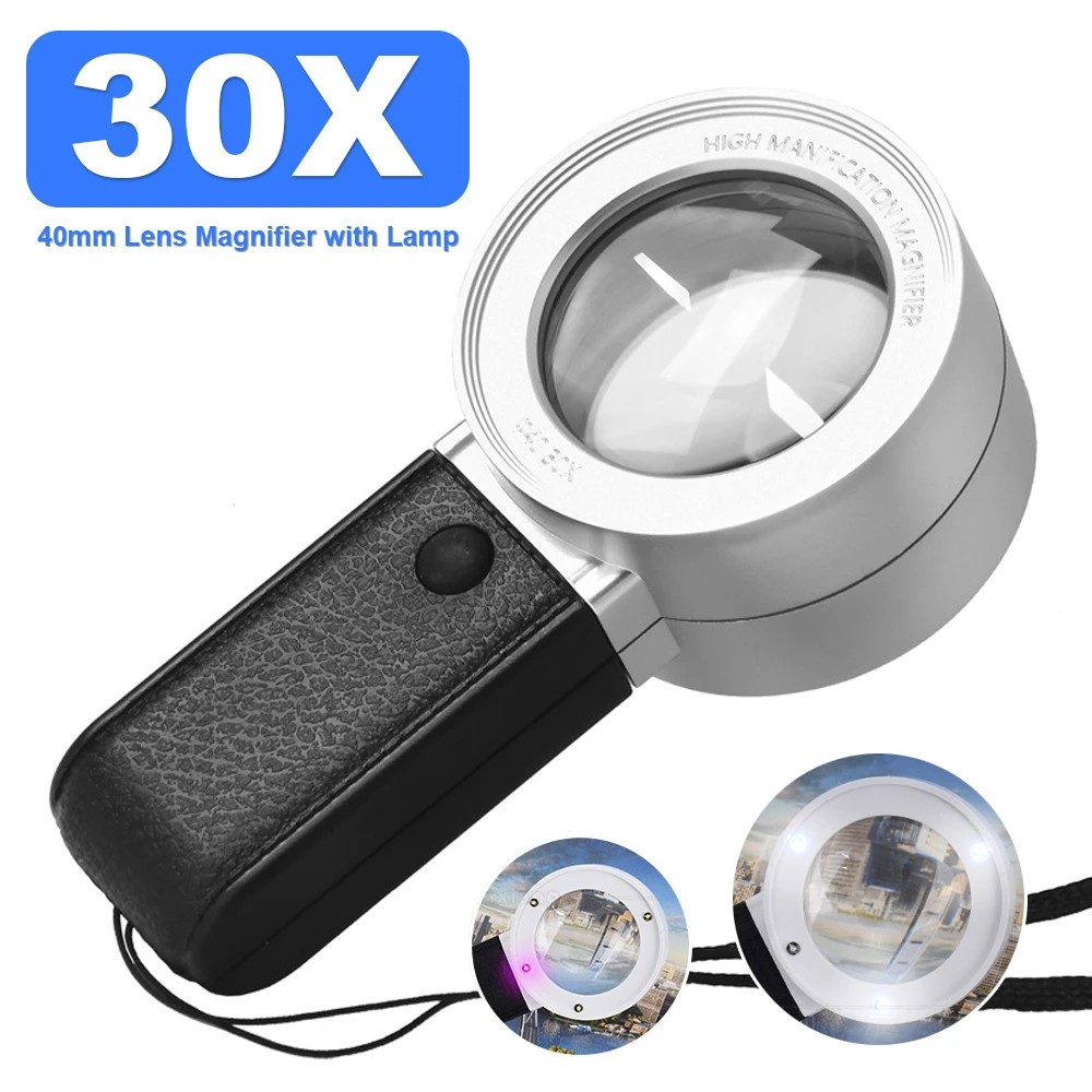 30x Handheld HD Magnifying Glass Lens with 4LED Lights UV Money Checking Illuminated Magnifier Loupe for Reading Jewelry Repair