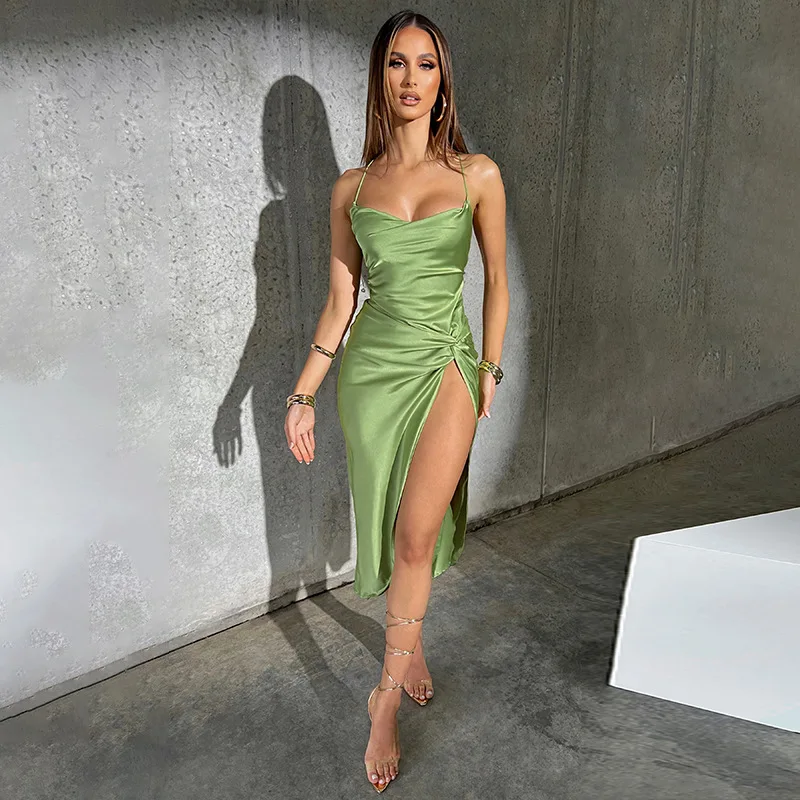 Satin Women Strap Mini Dress Ruched Lace Up Cross Bandage Backless Bodycon Sexy Party Elegant Club Christmas Slim