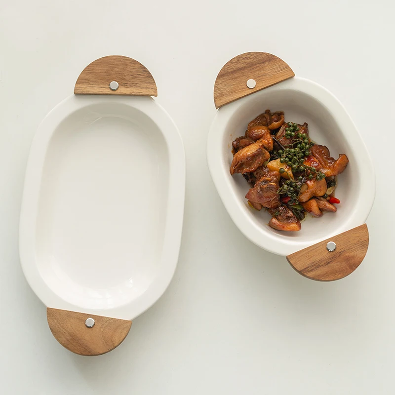 Креативная керамическая посуда овальная бинауральная деревянная тарелка из