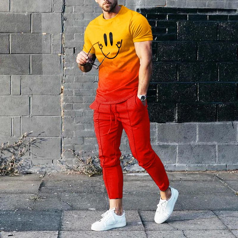 2023 Summer New Men Tracksuits Fashion Lemon 3D Printed Short Sleeve T Shirt +Long Pants 2 Piece Sets Sportswear Male Clothing