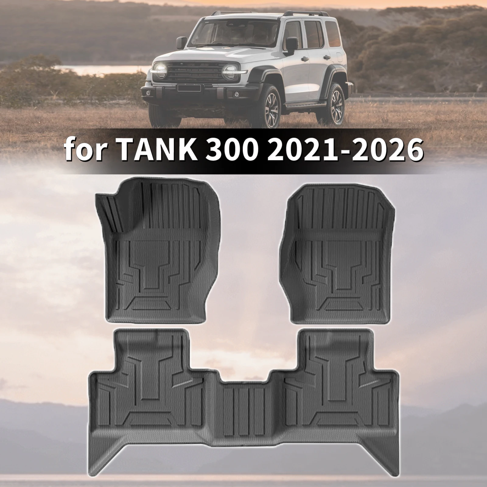 Фото Для GWM WEY TANK 300 2021-2026 (левый/правый руль) — Высокоэластичные коврики из TPE для салона и багажника, износостойкие, легко моются №1