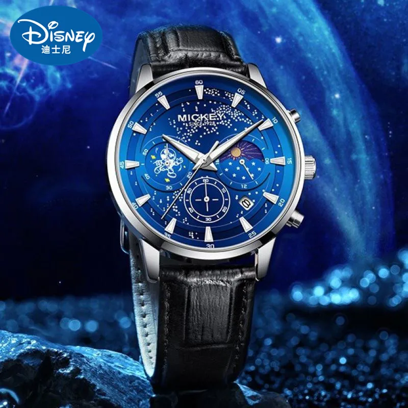 Фото Мужские часы Disney с Микки Маусом, Galaxy Sky Dial, мужские кварцевые наручные часы с фазой Луны, изогнутая дуга, циферблат, мужской новый Reloj Hombre №1