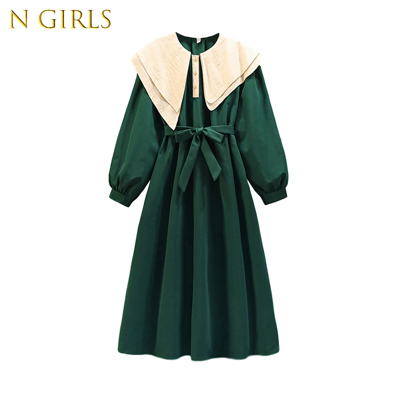 

Женское стробое винтажное зеленое платье 2022, однотонные повседневные женские платья миди с двойным воротником и длинным рукавом-фонариком