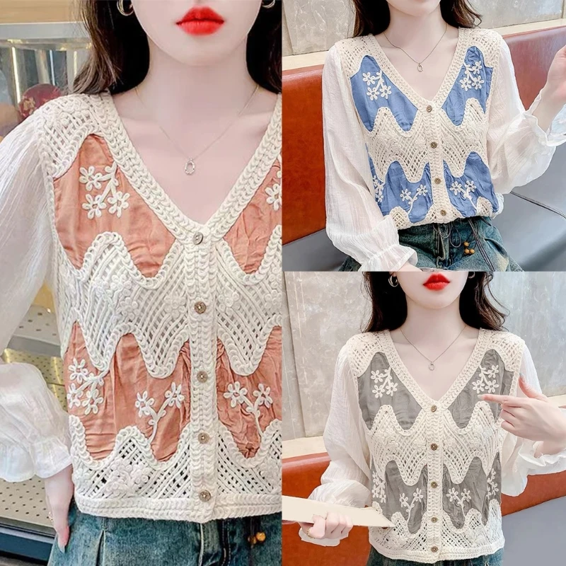 Женский укороченный топ на пуговицах из шифона с пышными рукавами и вязаным