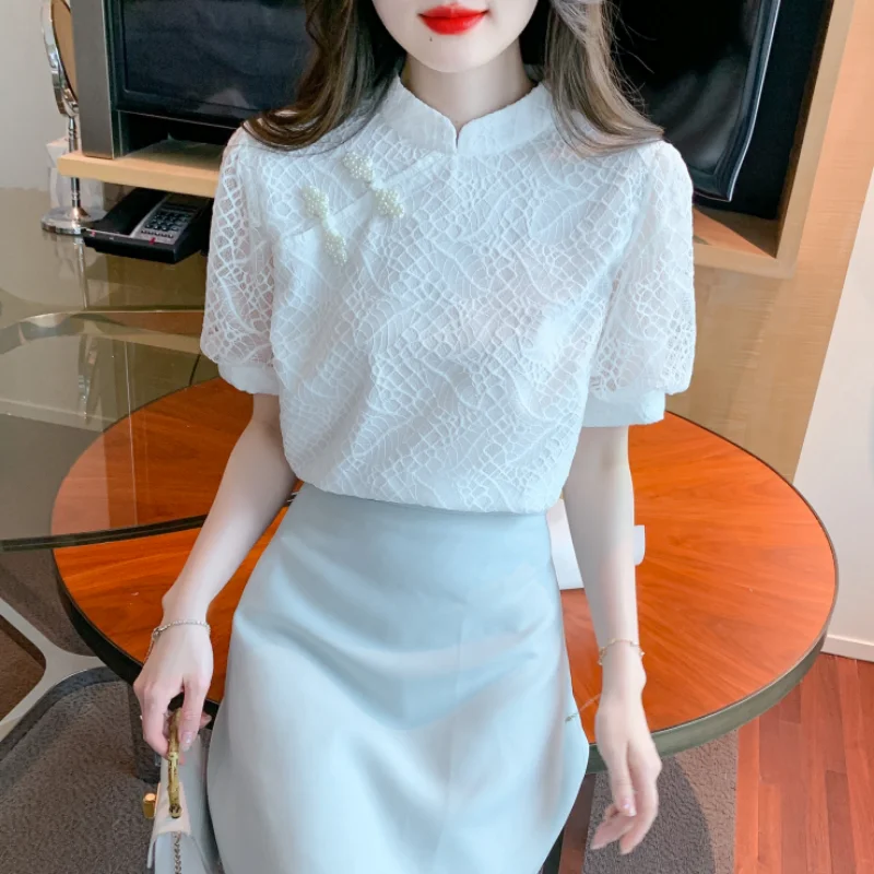 

Женская шифоновая рубашка с коротким рукавом, летняя простая кружевная рубашка в китайском стиле с пряжкой
