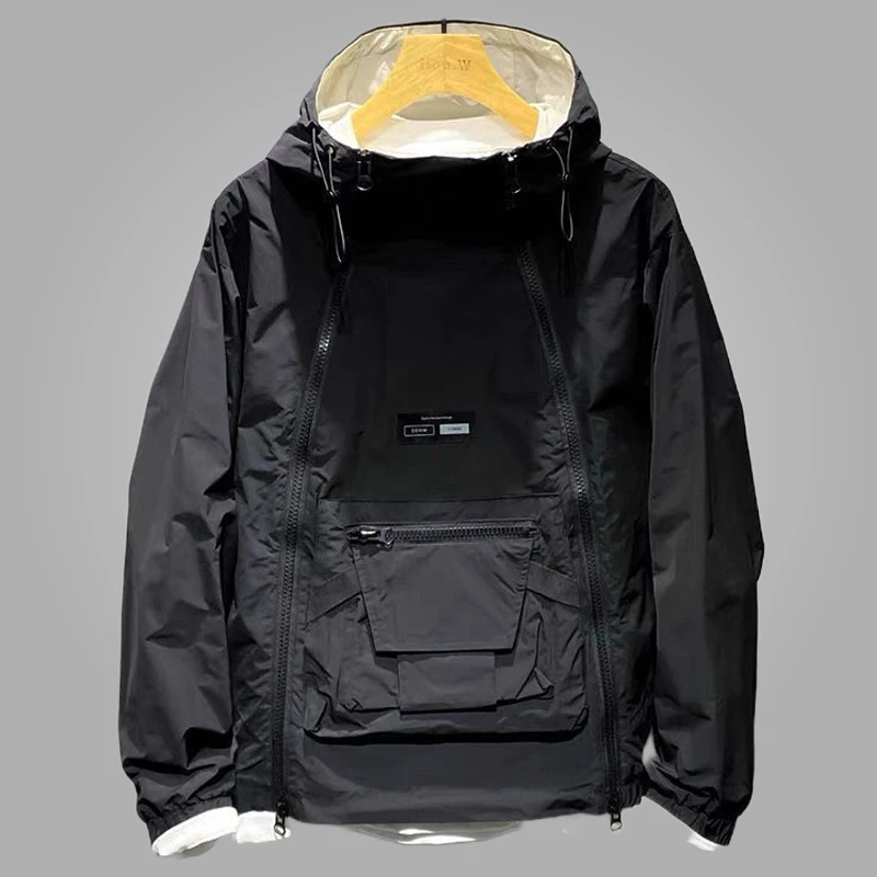 Уличная куртка с капюшоном весеннее черное пальто Мужская ветровка карманами