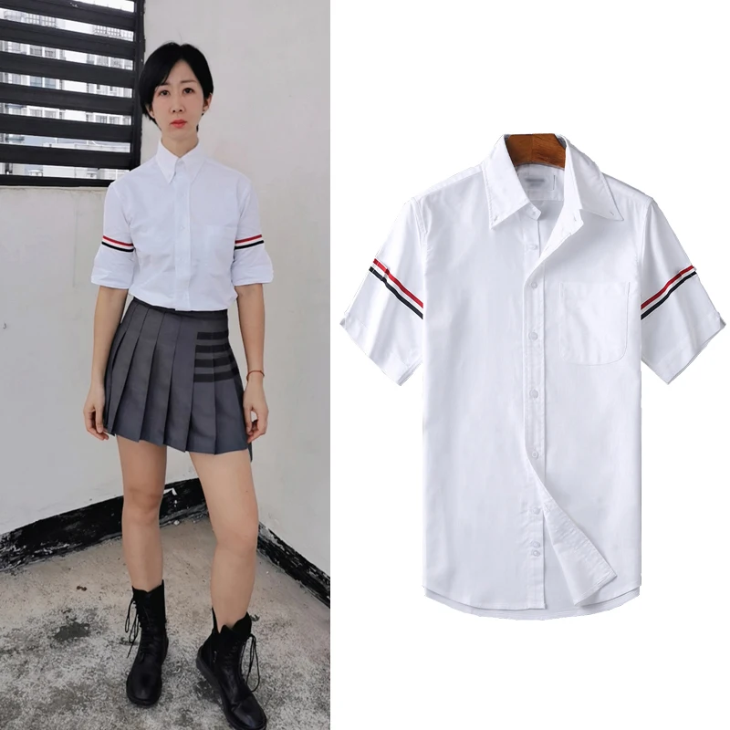 

ins striped bar white shirt star with the same short-sleeved college wind tb oxford spinning bf wind loose bottoming shirt