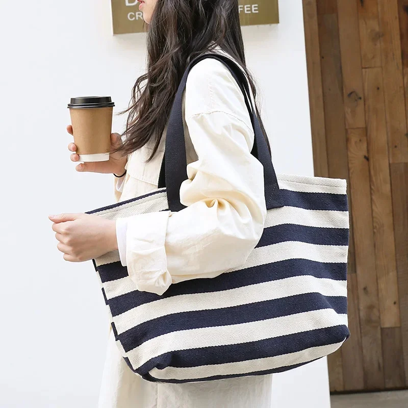 

Oversized Summer Beach Canvas Striped Top-handle Tote Bag Casual Large Capacity Textile Cloth Streat Overnight Open Shopping Bag