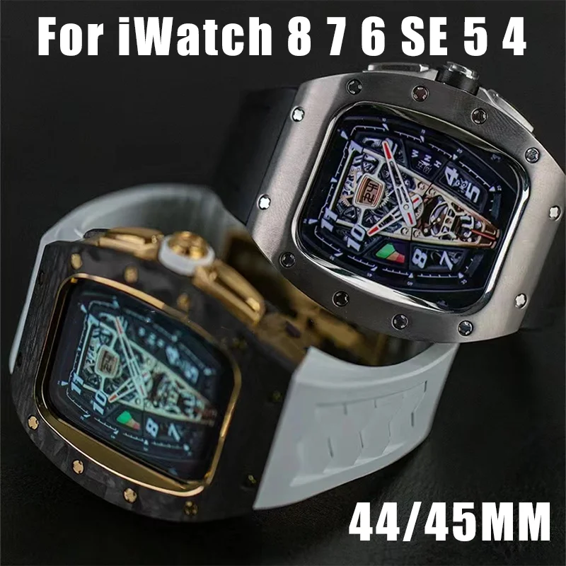 Carbon fiber Case Modification Kit For Apple Watch Band 44/45MM Titanium Alloy Fluororubber Strap for iWatch 8 7 6 5 4 SE Cover