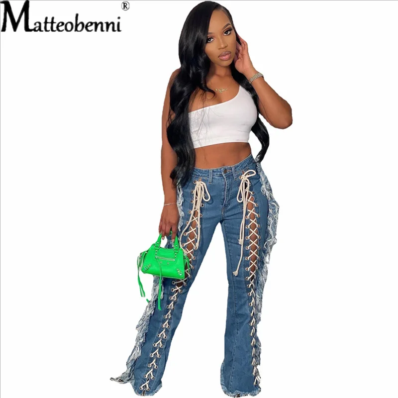 Summer 2022 Sexy Women's Cross Bandage Denim Trousers Hollow Eyelet Threading Streetwear Long Denim Trousers Women's