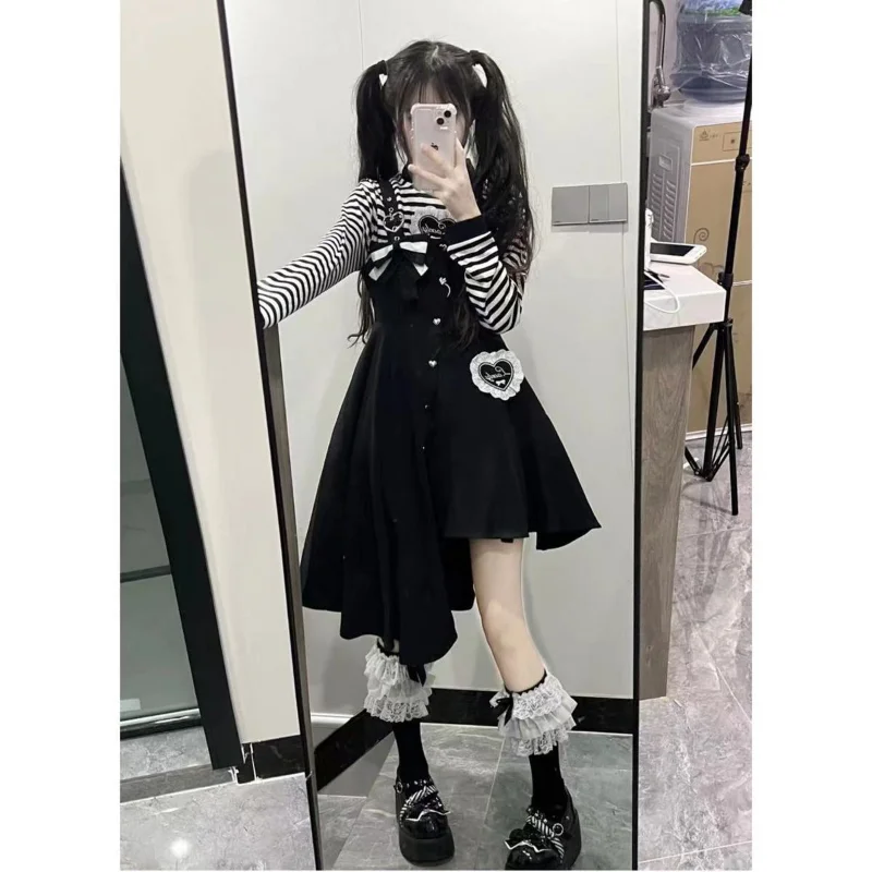 

Women Loose Striped Tees Long Sleeve Tshirts O Neck Irregular Strap Dress Bow Lace Patchwork Button A-line 2 Piece Sets Y2K