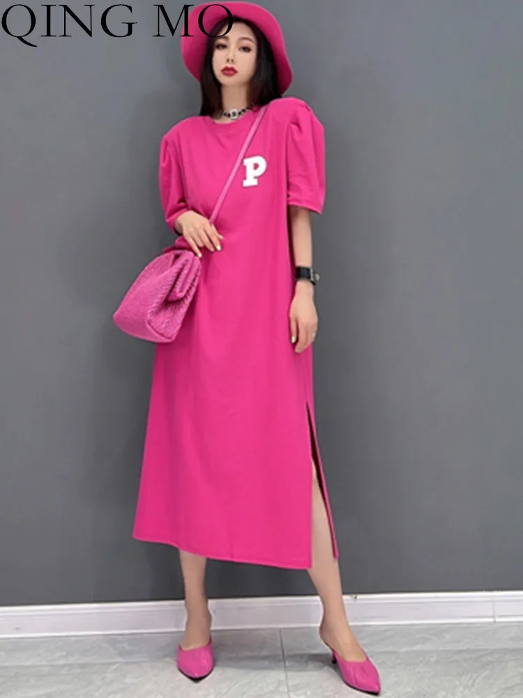 

QING MO 2023 Summer Short Sleeve Round Neck Dress Loose Mid-length Solid Color Split Fork Leisure Dress Black Red Women's LHX293