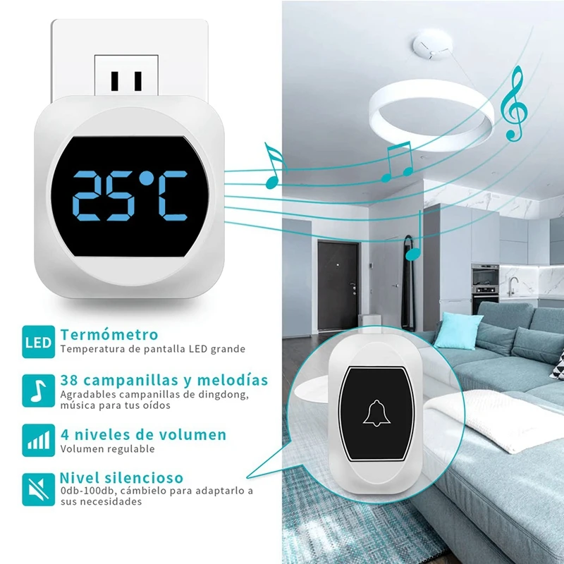 Wireless Doorbell With 2X Plug In Receiver And Button Transmitter + Room Display Thermometer US Plug-FS-PHFU