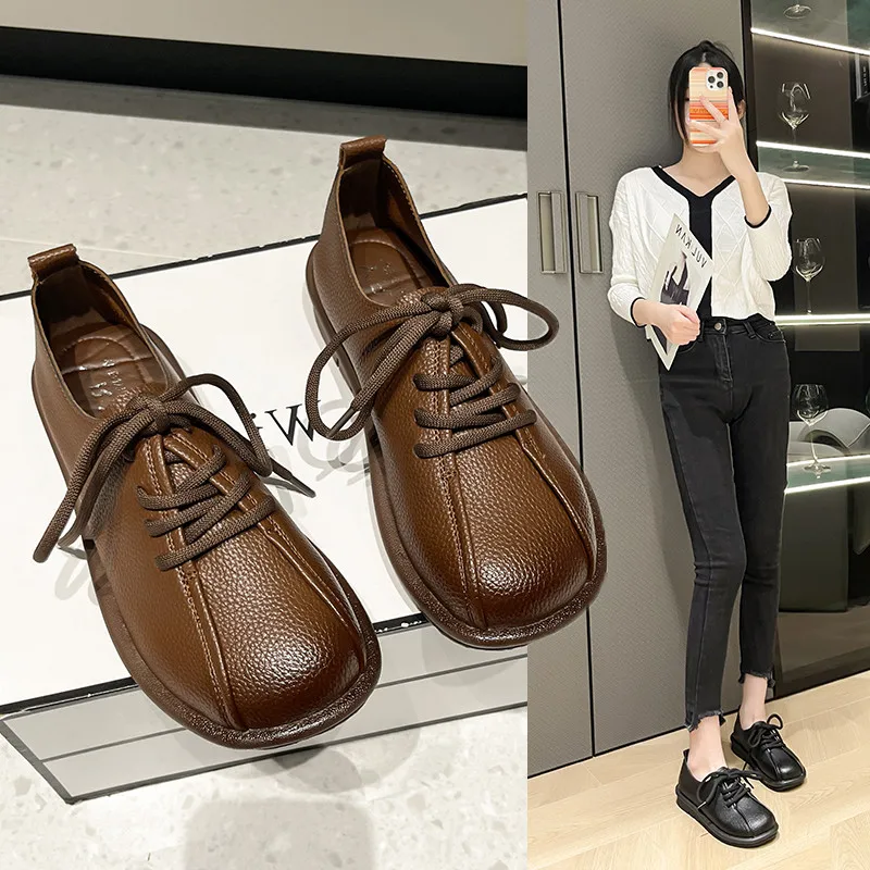 

Soft Womens Derby Shoes British Style Autumn Casual Female Sneakers Flats Round Toe Leather Preppy Fall Grandma Dress New Retro