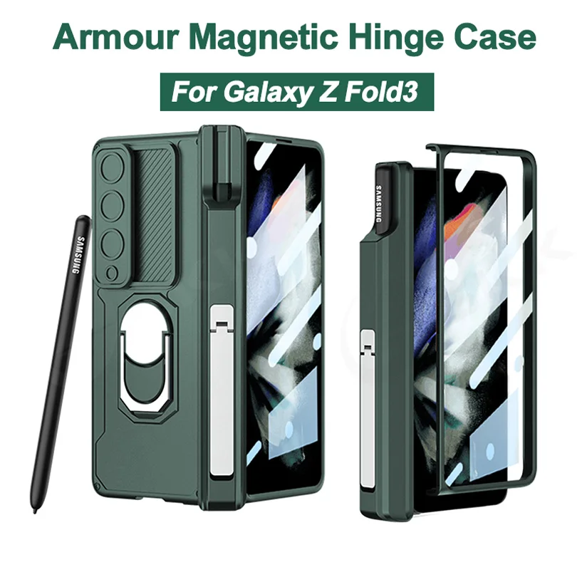 GKK Armour Magnetic Hinge Case For Samsung Galaxy Z Fold 3 5G With Glass Film Pen Holder Stand Cover For Galaxy Z Fold3 Case