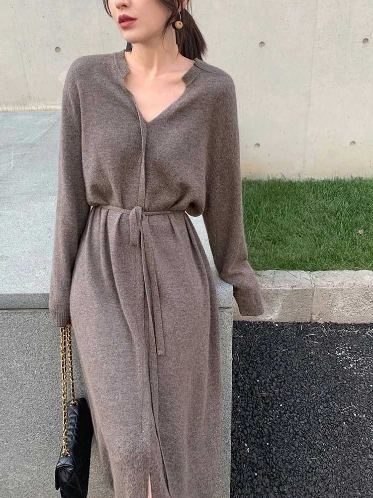 

Женское трикотажное платье-свитер Young Gee, элегантное простое платье средней длины в Корейском стиле с поясом на завязках, Осень-зима