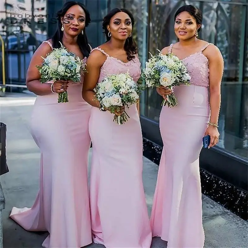 

Romantic Pink Mermaid Bridesmaid Dresses Plus Size African Spaghetti Straps Appliqued Long Maid of Honor Gowns