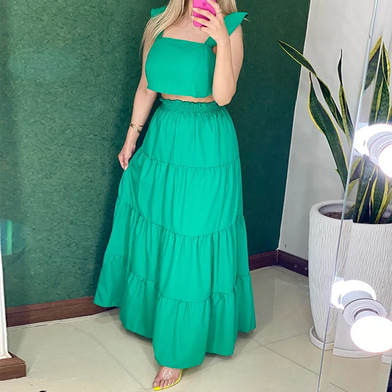 

Women's 2023 Summer New Fresh and Sweet Short Vest, High-waisted Stacking Skirt, Half-length Skirt Two-piece