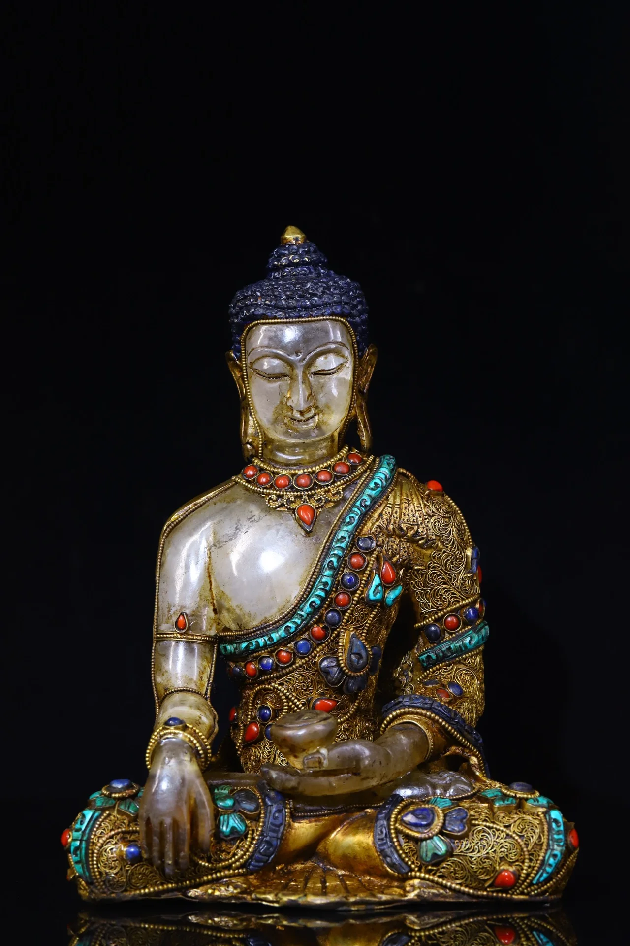 

9" Tibetan Temple Collection Old Natural Crystal filigree mosaic gem Shakyamuni Amitabha worship buddha Town house Exorcism
