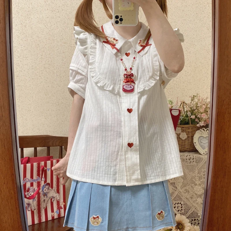 

White Cotton Shirts Women Love Bear Embroidery Peter Pan Collar Puff Sleeve Lolita Style Sweet Girl Blouses Kawaii Tops