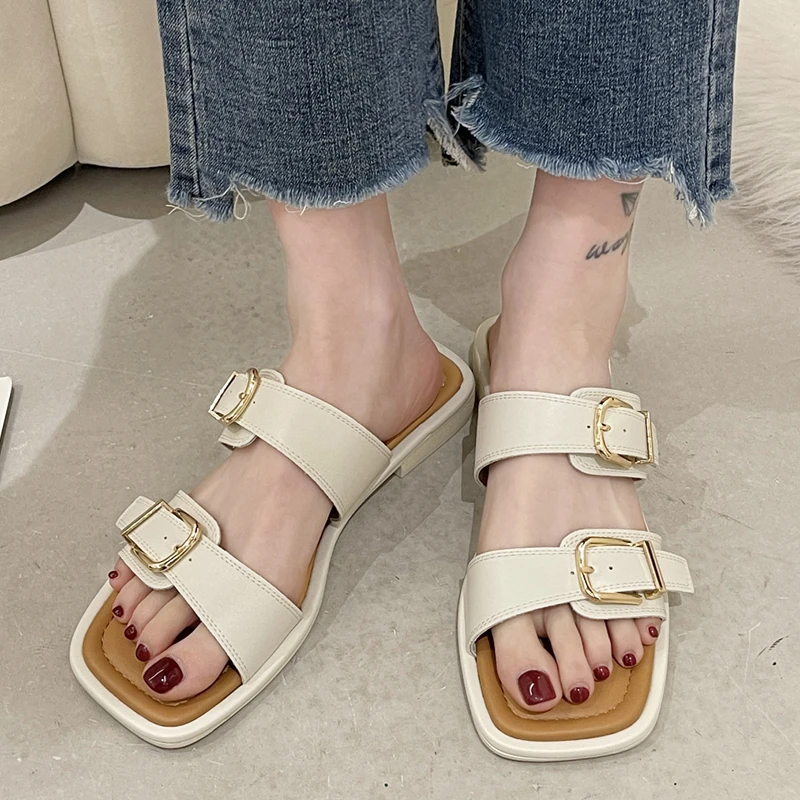 

JMPRS Fashion Double Buckle Slippers Women Casual Square Toe Low Heels Sandals Woman 2022 Summer Pu Leather Beach Slides Mujer