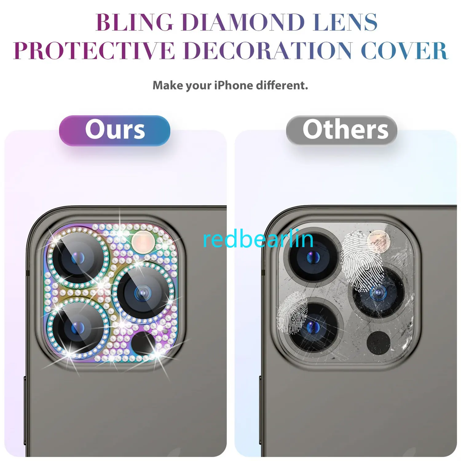 20pcs 3D Camera Lens Protector Bling Glitter Diamond Metal Lens Cover Glass Screen Protector For Iphone 11 12 13 14 Pro max