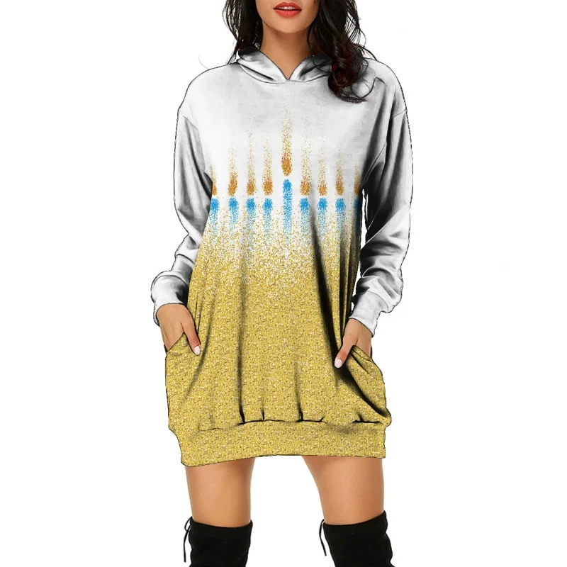 2023 Spring and Autumn New Women's Pullover Sweatshirt Dress Fashion Women's 3D Print Hooded Long Sleeve Sweatshirt Dress Anti-P
