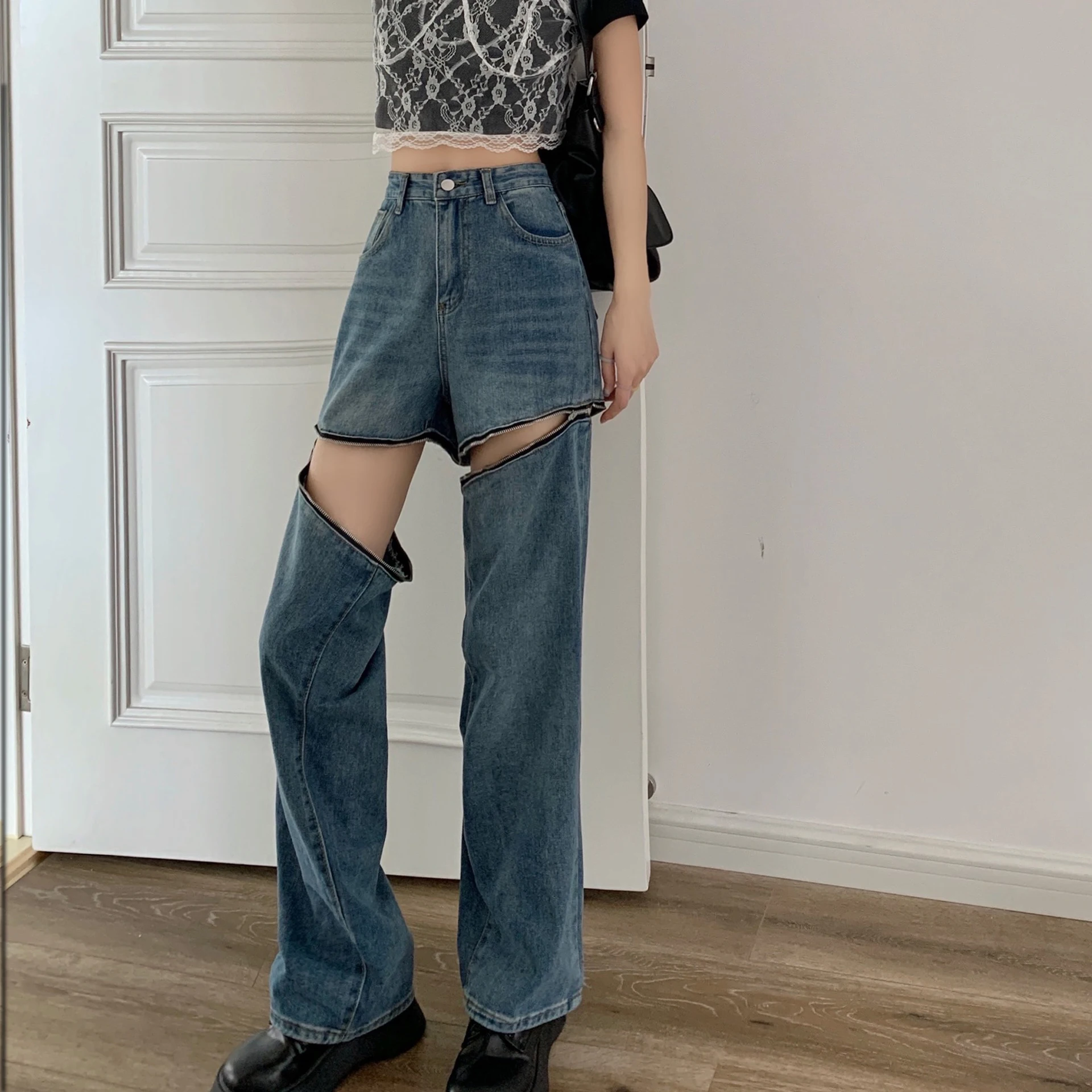 2023 new retro street loose jeans women high-waist mopping wide-leg trousers Jeans Removable zipper Ripped Jeans Women's High Wa