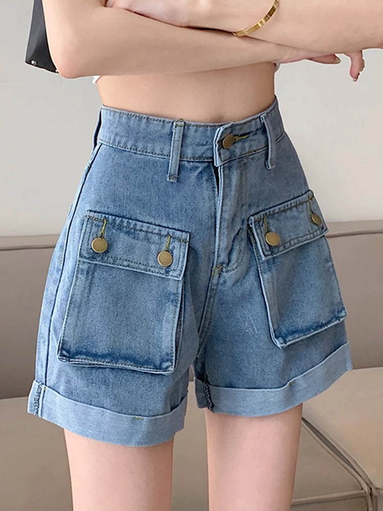 New Summer Women Fashion Big Pockets Wide Leg Denim Shorts Lady Casual Vintage High Waist Straight Jean Shorts