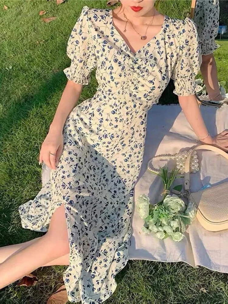 

Jmprs Vintage Floral Print Dress Summer High Waist Puff Short Sleeve Split Sexy V Neck Beach Long Dress Elegant Sweet Vestidos