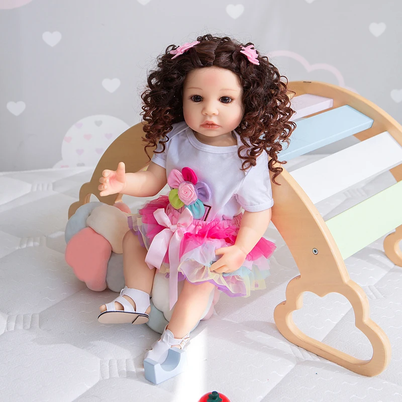 

55CM Full Silicone Body Reborn Baby Girl Dolls Curly Hair Lifelike Toddler Babies Bath Doll Toys Kids Birthday Present