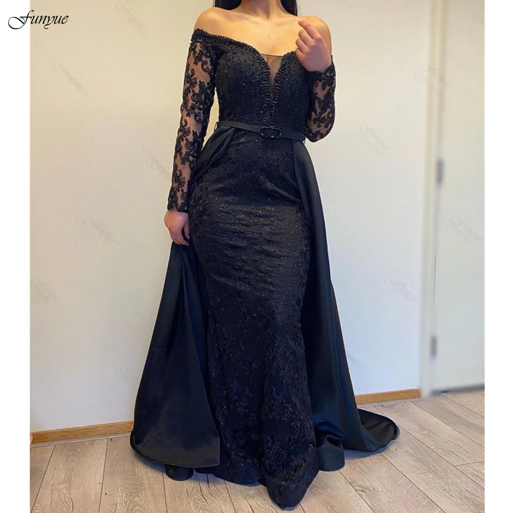 

Black Elegant Long Sleeves Lace Gown Evening Party Dresses Sweetheart Floor Length A-Line Off the Shoulder Gowns