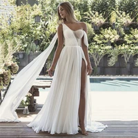 boho high split chiffon wedding dresses one shoulder beading sleeveless beach bridal gown a line floor length vestidos de novia