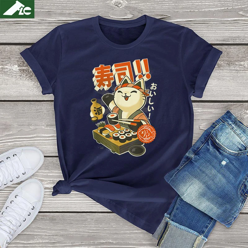 

100% Cotton Tee Girl Sushi Cat Chef Sushi And Ramen Foodies Unisex Tops Kawaii Neko Manga Anime T Shirt Oversized Female T Shirt