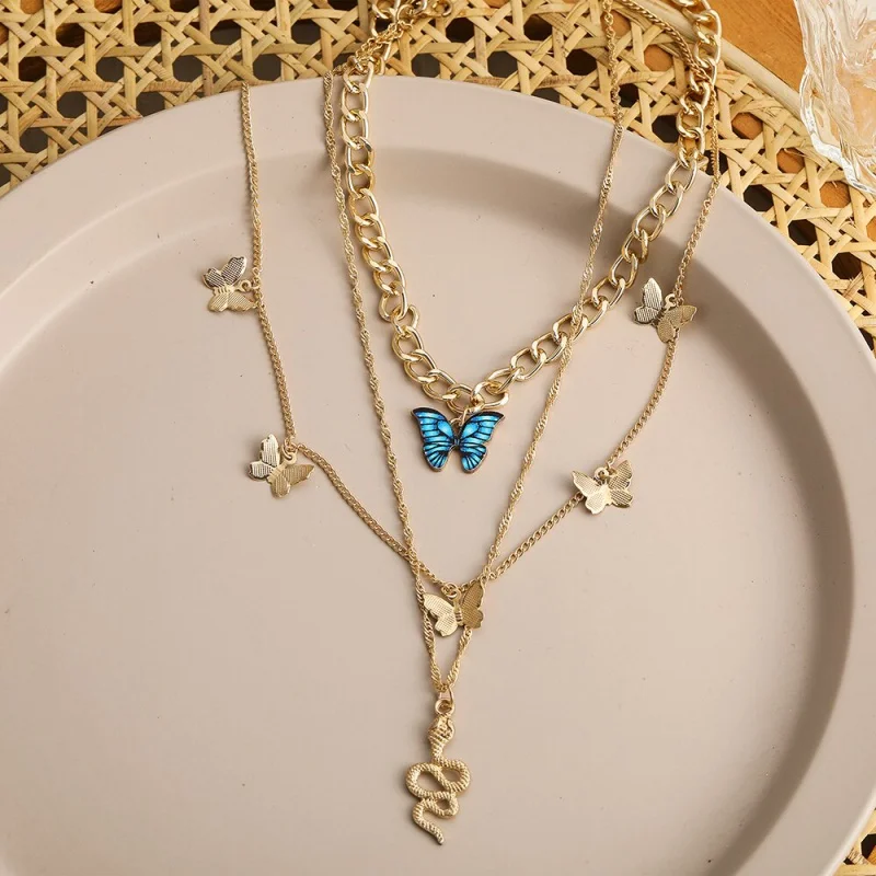 

Women'S Novel Necklace Simple And Cute Atmospheric Blue Butterfly Snake Necklace Three-Piece Set