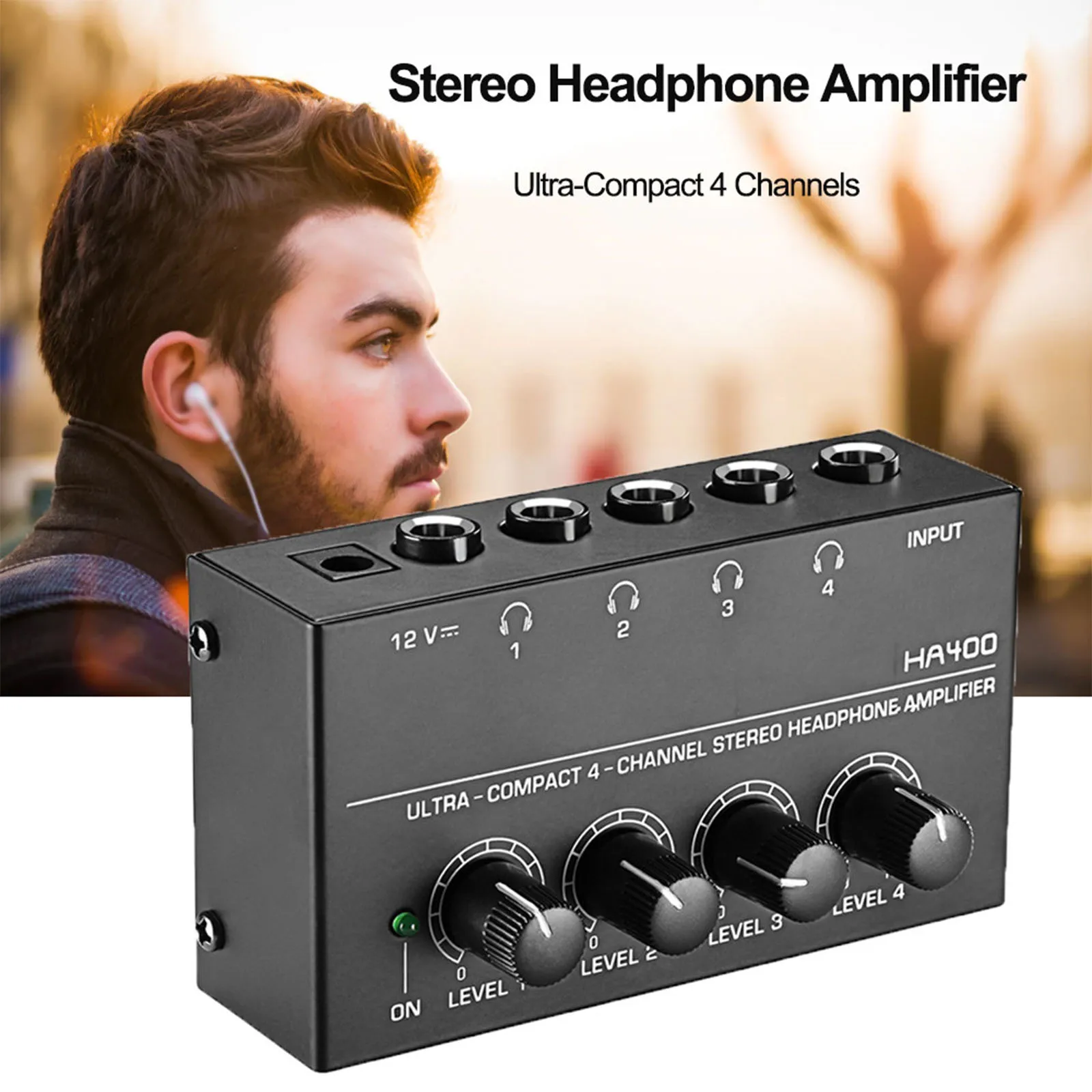 Audio Amplifier with Power Adapter 4 Channels Stereo Headphone Amplifier Ha400 Ultra-Compact 10Mhz Earphone Amp for Music