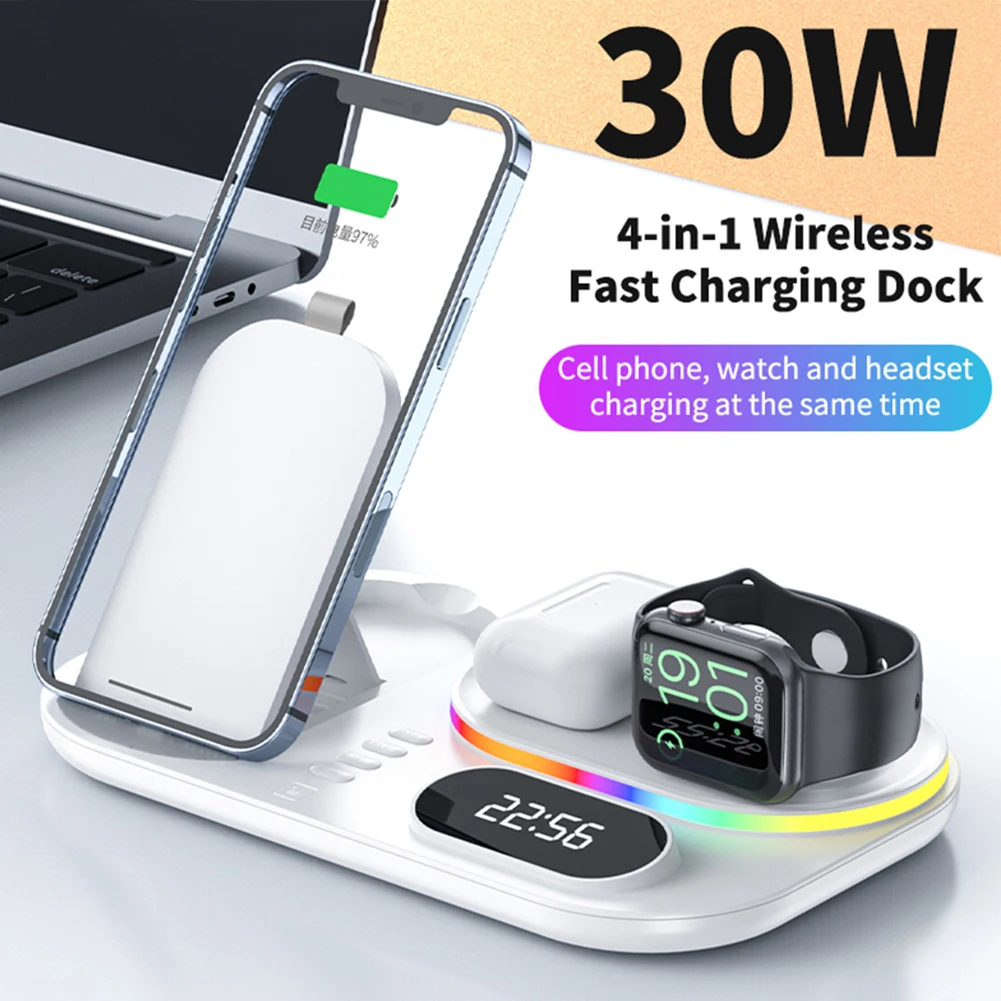 

4 in 1 Fast Wireless Charger Clock Pad for iPhone 13 12 11 Pro Wireless Charging Stand for Apple Watch 7 6 SE/AirPods Pro
