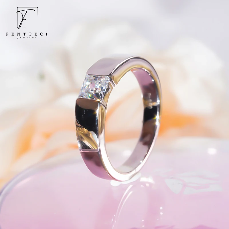 FENTTECI S925 Sterling Silver AAAAA Zircon Men's Diamond Ring Wedding Ring Square Stone Couple's Ring For Men Boyfriend Gift