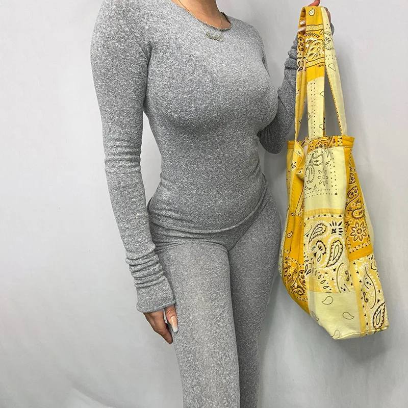 

Knitted Round Neck Long Sleeve Slim Top Trousers Two-Piece Autumn Women's Casual Solid Color Tight Suit Women