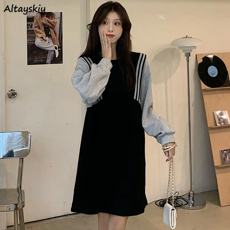 

Fake Two Pieces Dresses Women Chic O-neck Patchwork Retro Classic Basic Gentle Ladies Fashion Long Sleeve Loose Hot Sale Ins New