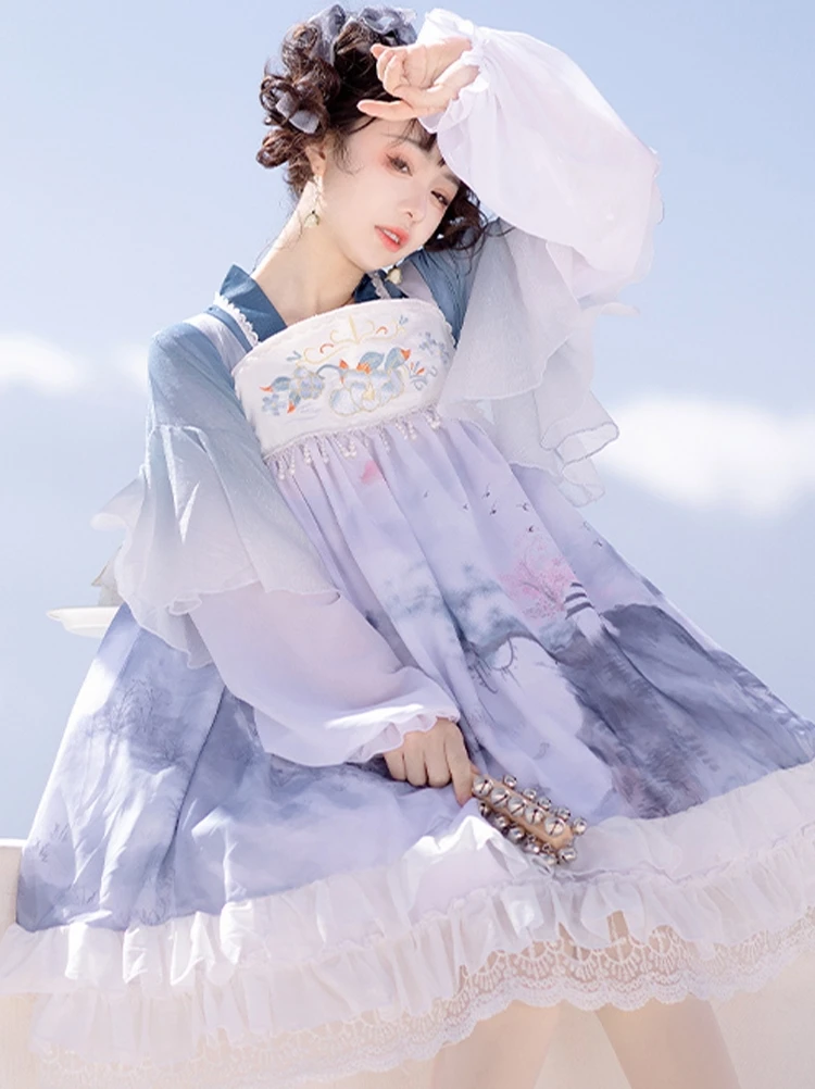 

Summer Chinese Style Women Hanfu Dresses Ancient Traditional Girls Vintage Tops Skirts Set