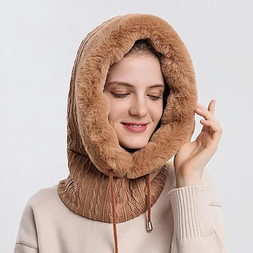 

Winter Women Knitted Hood Ski Mask Faux Fur Scarf Neck Warmer Fleece Lined Hood Face Mask Adult Balaclava FGBHED1