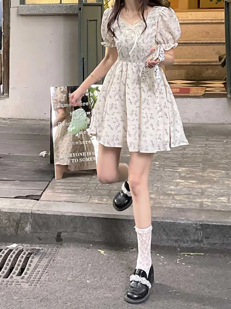 

Floral Mini Women's Dress Summer New Puff Sleeve Dresses for Woman Square Collar A Line Bow Robes Fashion Belt Female Clothes