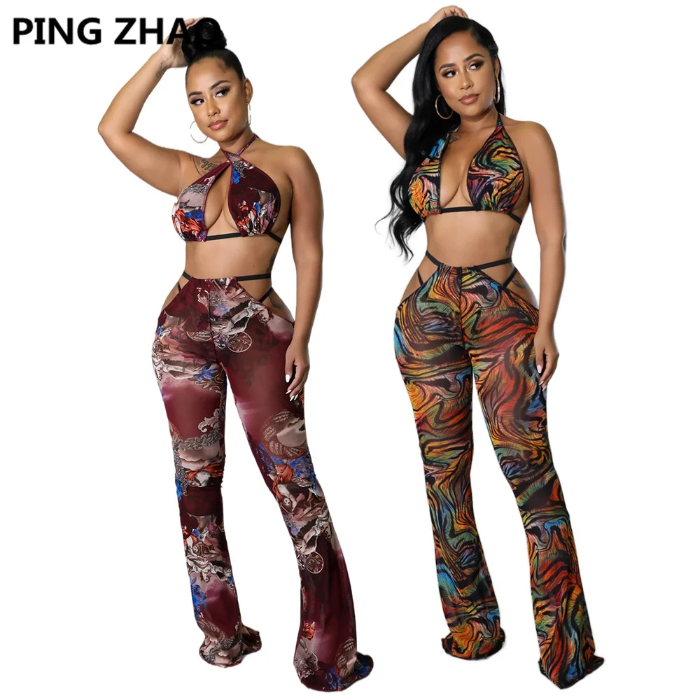 

PING ZHAO Sexy Women's Set Bra and Panties and Mesh Flare Pants Set 2022 Summer Tracksuit Two Piece Set Fitness Outfits