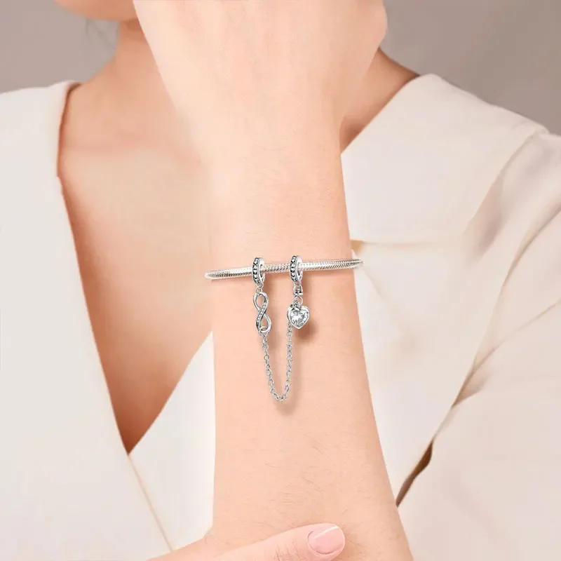 Серебряная цепочка с зажимом S925 безопасные бусины-шармы на удачу прозрачным ПАВЕ