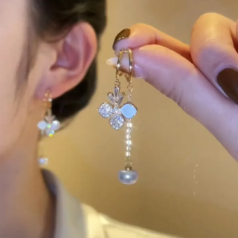 

Real Gold Plated 925 Silver Needle Zircon Pearl Flower Long Drop Earrings Fashion Personality Net Red Earrings Wedding Jewelry