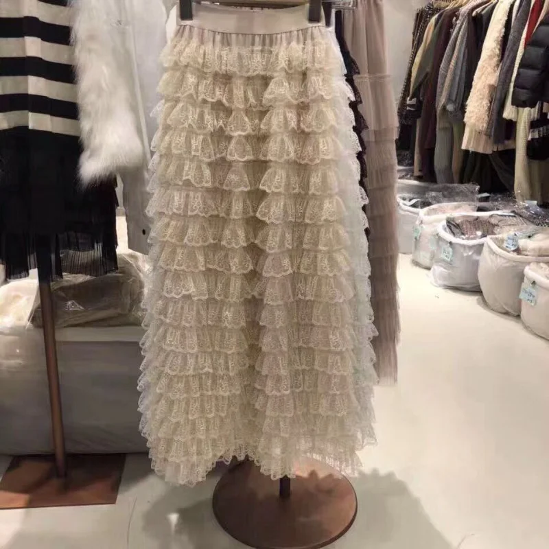 

Sweet Cake Layered Tulle Long Maxi Skirt Women Fashion 2022 High Waist Ruffled Vintage Tiered Pleated Mesh Skirts Falda Q160