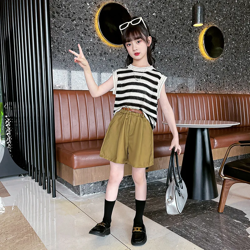 

Летний комплект одежды для девочек, детская одежда для подростков, детский спортивный костюм, комплекты для девочек в полоску с вырезами, повседневный спортивный костюм для девочек 6, 8, 10, 12 лет